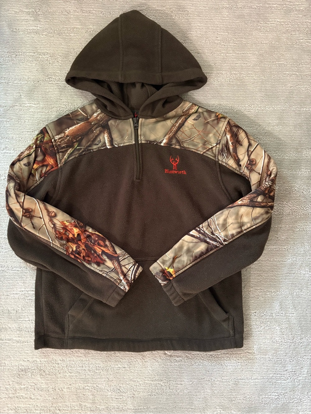 Huntworth Youth Large Brown Fleece 1/4 Zip Camo Pullover Hoodie Gorpcore